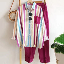 Load image into Gallery viewer, Women&#39;s Striped Shirt Suit 2023 Vintage Pockets Blouse T-shirt Wide Leg Pants Suit.
