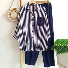 Load image into Gallery viewer, Women&#39;s Striped Shirt Suit 2023 Vintage Pockets Blouse T-shirt Wide Leg Pants Suit.
