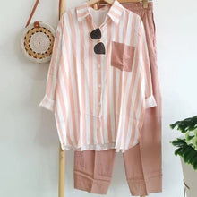 Load image into Gallery viewer, Women&#39;s Striped Shirt Suit 2023 Vintage Pockets Blouse T-shirt Wide Leg Pants Suit.
