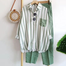 Load image into Gallery viewer, Women&#39;s Striped Shirt Suit 2023 Vintage Pockets Blouse T-shirt Wide Leg Pants Suit.
