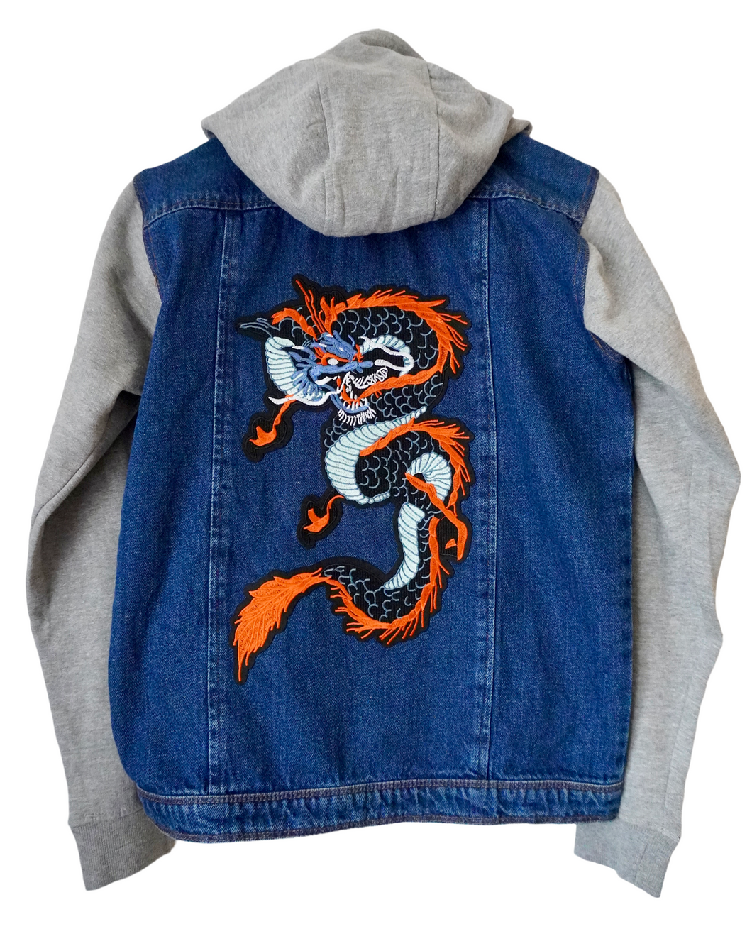 Dragon Embroidered Hooded Denim Jacket