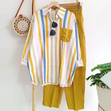 Load image into Gallery viewer, Women&#39;s Striped Shirt Suit 2023 Vintage Pockets Blouse T-shirt Wide Leg Pants Suit.
