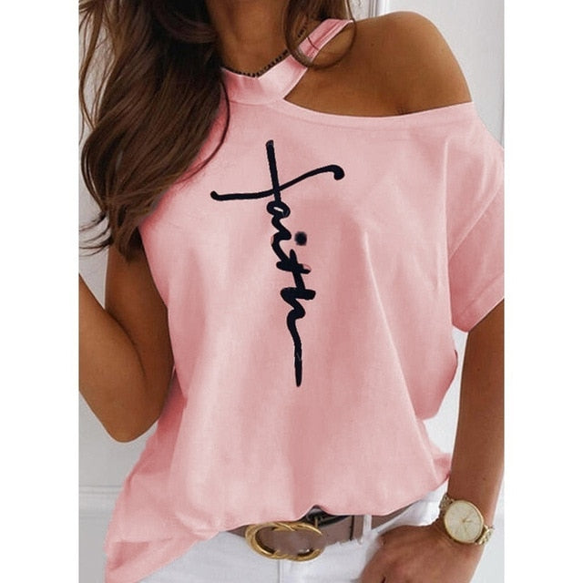 Large size Top Off Shoulder summer T-shirt : Women