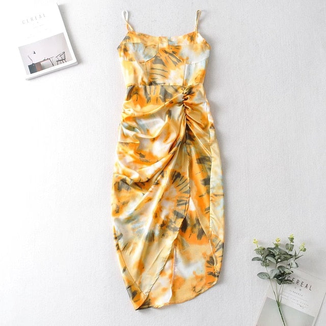 Vintage Yellow Tie dye Flower print  Spaghetti Strap Dress