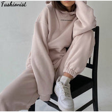 Load image into Gallery viewer, Women&#39;s Tracksuit Letter Print Fleece Warm Female Sportswear Hoodie Set :  2021 Oversize Long Sleeve Sweatshirt Casual Pants Suit
