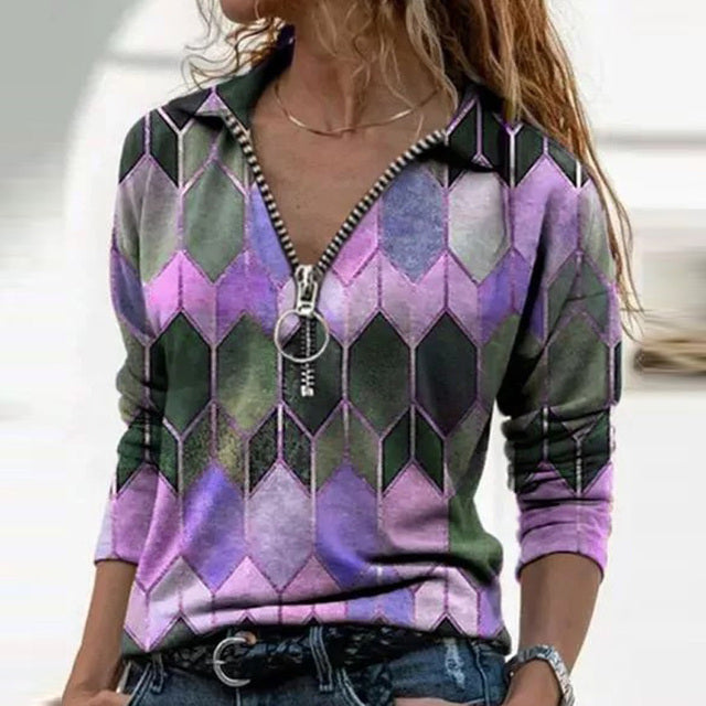 Women Long Sleeve V Neck Geometric Printed Blouse