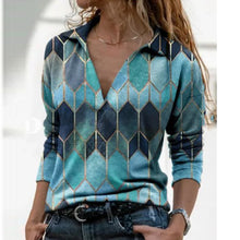 Load image into Gallery viewer, Women Long Sleeve V Neck Geometric Printed Blouse
